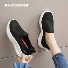 Skechers Women's Openwork Breathable Mesh Cloud Foam Sole Slip-On Cushioned Walking Shoes, Lightweight Sports Shoes - Black - View 5