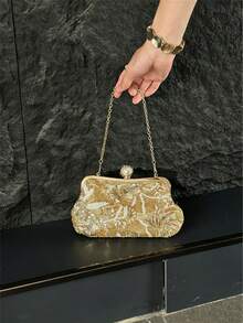 Women Evening Clutches,Floral Leaf Beaded Sequin Embroidery Pattern,Vintage Luxe Bridal Style For Wedding Gala Cocktail Party ,Random Cutting Position - Gold - View 4