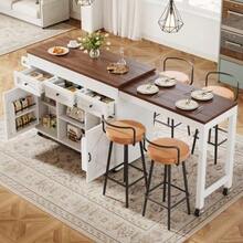 Kitchen Island With Storage, Extendable Dining Table/Bar Table (131.5-210 Cm), 360° Rotatable, With Drawers And Cabinets, Versatile Worktop For Kitchen, Dining Room And Small Spaces, Black - White - View 2