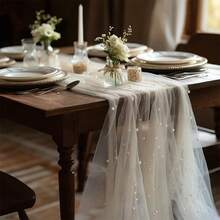1pc White Pearl Tulle Fabric, Suitable For Table Runner, Ceremony Backdrop, Home Decor, Room Decoration, Birthday Party Decoration And Valentine's Day Ceremony Arrangement, Creating A Romantic Atmosphere. - White Pearl 75*100cm - View 4