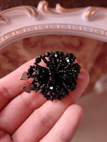 1pc/2pcs Handmade Seed Bead Flower Shirt Button Cover, Clip-On Button Cover, Fashion Crystal Cufflink Cover - Black - View 6