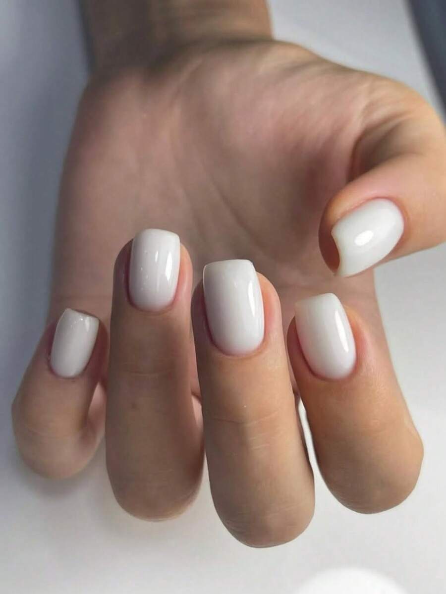 24pcs Rectangular Press-On Acrylic Nail Tips, Solid White, Fake Nails, Nail Art Set, Includes 1 Sheet Jelly Glue Stickers And 1 Mini Nail File, Suitable For Daily Wear, Nail Supplies