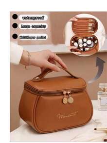 1pc Holiday Travel Makeup Bag - PU Leather Makeup Bag - Multi-Functional Storage Bag - Large Capacity Cosmetic Storage Bag - Waterproof Bathroom Makeup Bag - Toiletry Bag - Portable Handbag - Bathroom Storage - Bedroom Storage - Travel Essentials - Brown - View 1