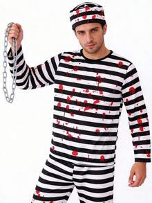 Men's Halloween Striped Cosplay Costume, Includes Top + Pants + Hat - Multicolor - View 12