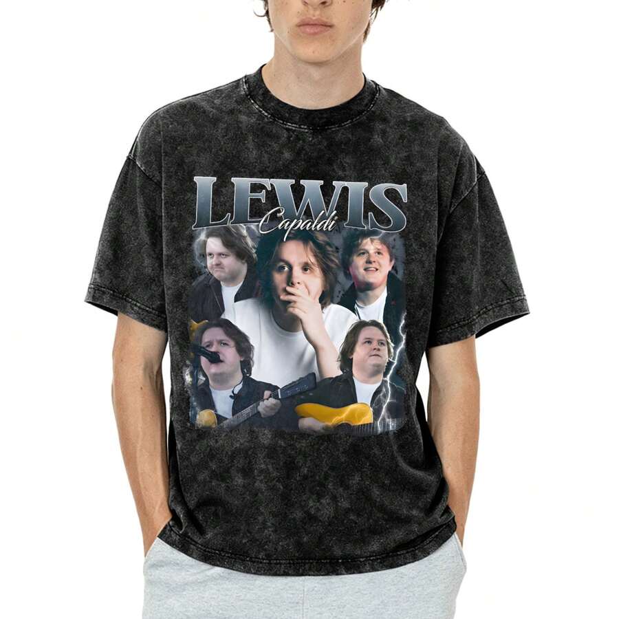 Washed T-Shirt, Vintage Style Lewis Capaldi T-Shirt, Pop Star Fan Merch - Black - View 1