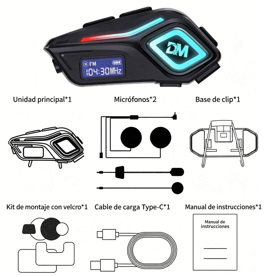 D&M Casco de motocicleta con auriculares Bluetooth, micrófono doble, radio FM, pantalla LCD, larga autonomía, llamadas sin contacto, conversación clara, reproducción de música. Auriculares de comunicación para cascos, ideales para motociclistas y ciclistas de terreno, compatibles con todos los tipos de cascos.