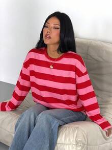 SDNGED Top casual para mujer con rayas y bloques de color, acanalado, para uso diario en primavera/otoño - rayas anchas de color rojo rosado - Ver 7