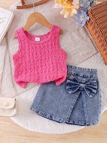 2pcs/Set Young Girl' Sweet Girly Style Fuchsia Vest + 3D Bow Denim Skirt Set, Summer - Hot Pink - View 1
