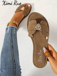 Sandali piatti casual da donna stile coreano, sandali romani intrecciati con punta aperta, nuove scarpe slip-on piatte stile francese per primavera estate autunno, adatte per uso all'aperto, spiaggia, appartamento, da abbinare con gonne - Castano - Visualizzare 8