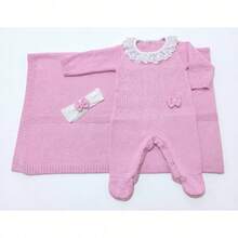 Saída Maternidade Bebe Menina Tricô Manta, Macacão E Laço Branco RN - 0 A 3 Meses - Rosa Bebê - Visão 4