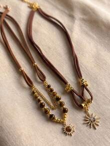 Juego de 2 collares vintage estilo occidental con piedra ojo de tigre y capas, cordón de ante sintético marrón, gargantilla de estilo bohemio para mujer - Multicolor 2 - Ver 4