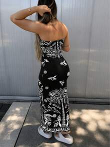 Women's Tropical Summer Strapless Midi Dress - 黑色背景 - View 2