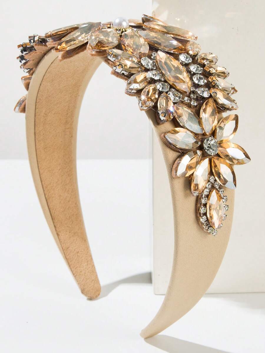 1pc Solid Color European & American Fashion Baroque Vintage Glamorous Gemstone Pearl Large Flower Shaped Decorative Headband Elegant High Quality Ball Evening Party Hair Accessory - FG1601 - Brown - View 1