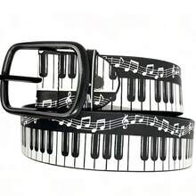 Sabuk Bermotif dengan Hiasan Pola Not Piano, Sabuk Pinggang Gesper Gaya Personal, Aksesori Celana Modis - Hitam - View 1
