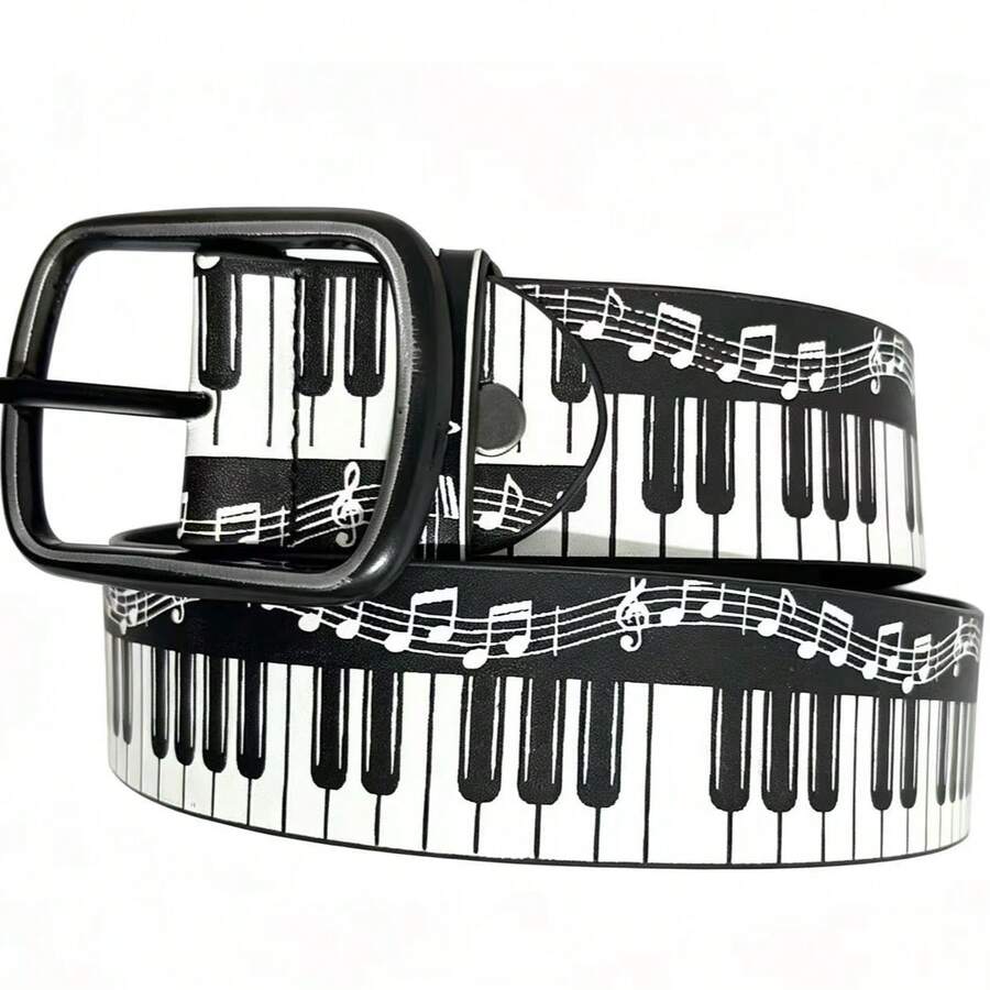 Sabuk Bermotif dengan Hiasan Pola Not Piano, Sabuk Pinggang Gesper Gaya Personal, Aksesori Celana Modis - Hitam - View 1