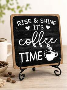 1pc Farmhouse Style Coffee Bar Decor Sign, Rise & Shine It's Coffee Time, 4"X4" Wooden Plaque With Stand, Home Kitchen Desktop Decoration Gift - Multicolor - View 3