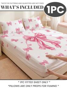 1pc Fitted Sheet, Dorm Bedding, Large Bow Mattress Protector, Bed Cover, Cozy Room Decor, Back To School, Lightweight Skin-Friendly Breathable, Ultra Soft Anti-Pilling, Suitable For Twin/Full/Queen/King Size Bed, All Season, Pillowcase Not Included, Machine Washable - Multicolor - View 3