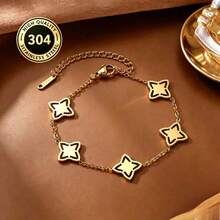 1 pieza Pulsera con dije de estrella hueca minimalista, pulsera ajustable de acero inoxidable chapada en oro de 18K, joyería diaria para mujer - Dorado - Ver 2