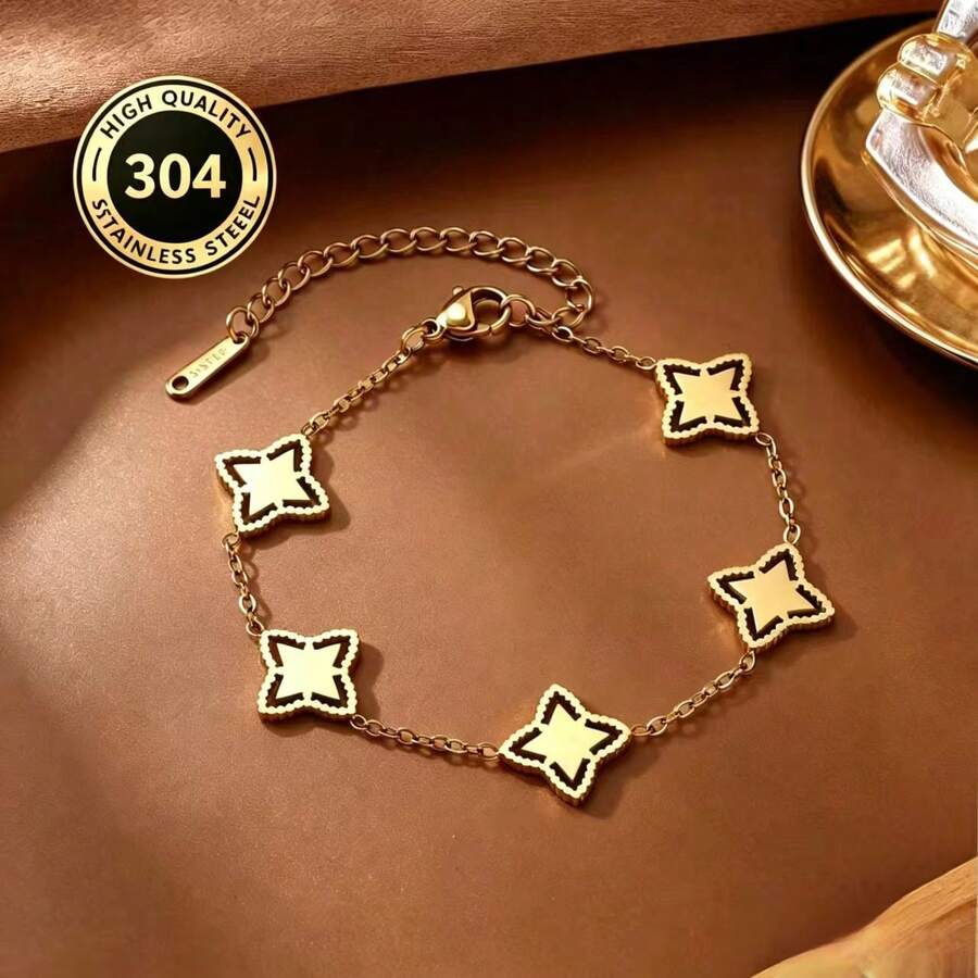1 pieza Pulsera con dije de estrella hueca minimalista, pulsera ajustable de acero inoxidable chapada en oro de 18K, joyería diaria para mujer