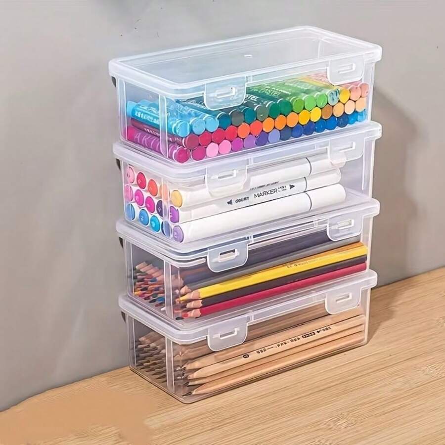 1/2/4pcs Large Capacity Transparent PP Storage Boxes, Office Supplies Storage Boxes, School Supplies Storage Boxes, Desktop Organizer And Accessories, Stackable, Clear Visibility, Secure Closure, Stationery Storage Boxes - Multicolor - View 1