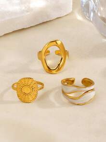 3pcs Stainless Steel Minimalist Geometric Oval Sun Ring Set Suitable For Women's Daily And Holiday Wear - Multicolor - View 5
