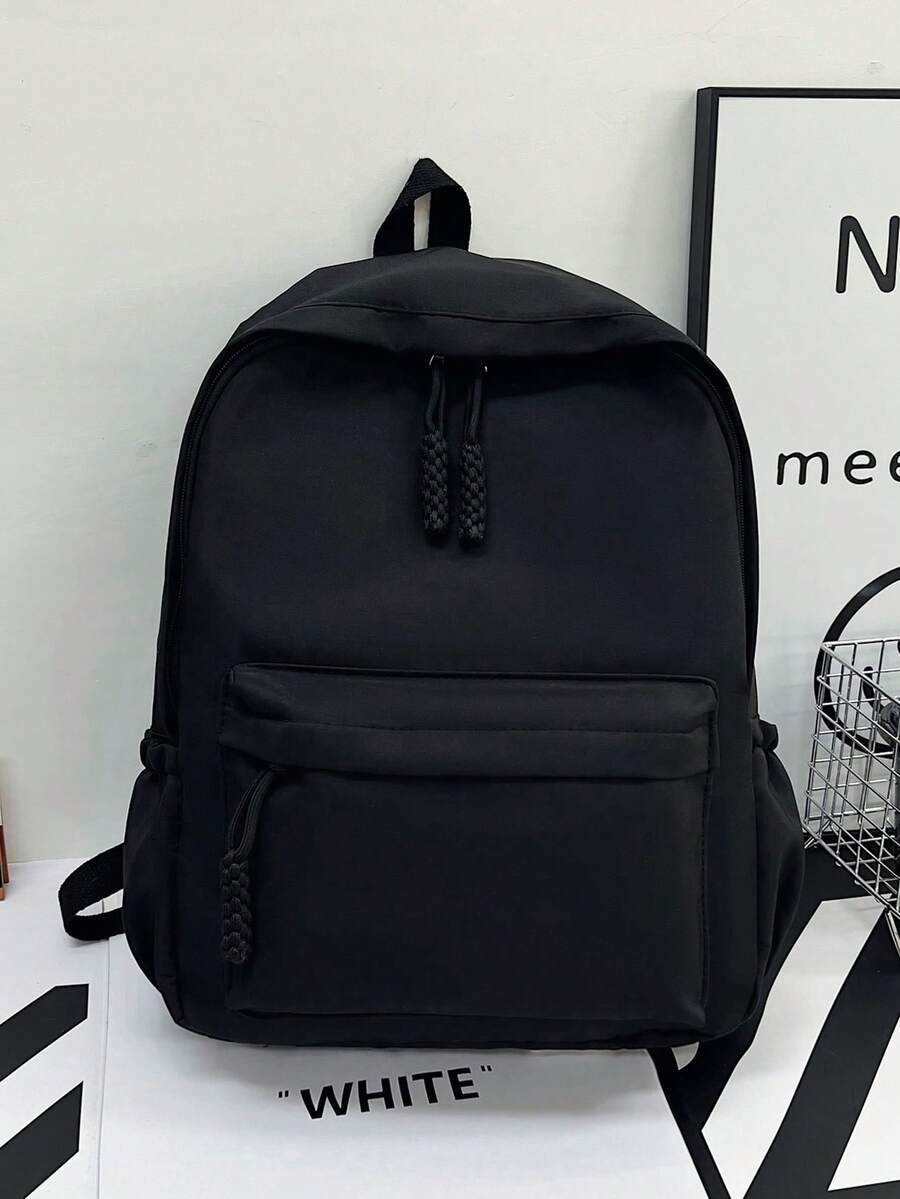 1pc Nylon Solid Color Large Capacity Backpack, Fashion Casual Student School Commute Travel Bag For Men And Women - Black - View 1