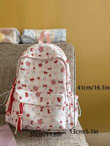 New Women's Large Capacity Star & Cherry Print College Style Backpack - Red - View 7