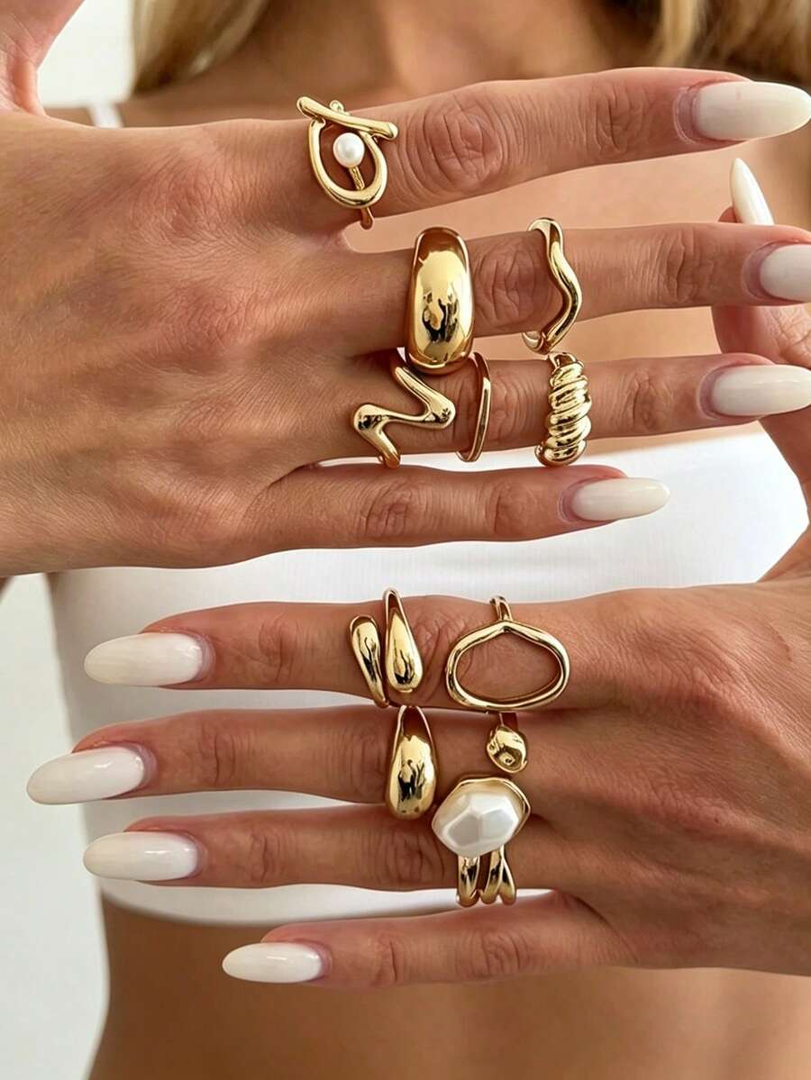 11pcs/Set Vintage Fashion Inlaid Geometric Irregular Faux Pearl ...