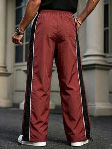 Men's Loose Fit Adjustable Hem Nylon Quick-Dry Contrast Patchwork Drawstring Waist Windbreaker Jogger Pants For Fitness And Streetwear Sports - Burgundy - View 5