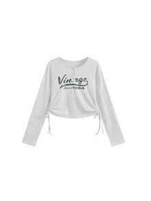 Autumn/Winter Korean Style Slim Fit Letter Print Drawstring Button Design Long Sleeve T-Shirt Top Casual - Grey - View 4