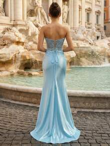Lvnes Elegant Ice Blue Satin Strapless Mermaid Evening Gown, Decorated With Applique And Beaded Embellishments, High Slit Formal Long Dress - Light Blue - View 2