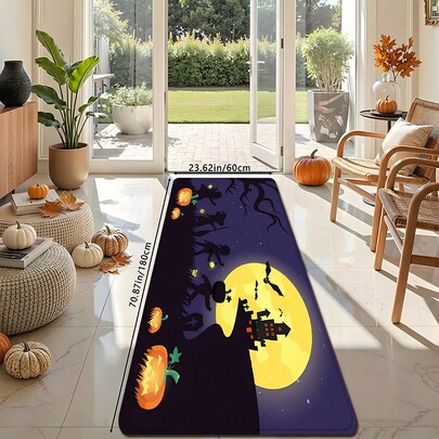 1pc Purple & Yellow Full Moon Trick-Or-Treat Kids Castle Pumpkin Silhouette Print Kitchen Mat, Stain-Resistant Anti-Slip Minimalist Silhouette Decorative Rug, Featuring Owl, Bat, Dead Tree, Tombstone Elements, Durable, Suitable For Bathroom, Entryway, Hallway, Indoor Door, All Seasons