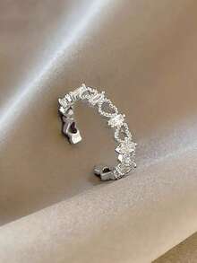 5pcs Luxury Cubic Zirconia Heart-Shaped Open Copper Ring Set, Suitable For Women's Dating And Party Wear (Gift Box Not Included) - Silver - View 8