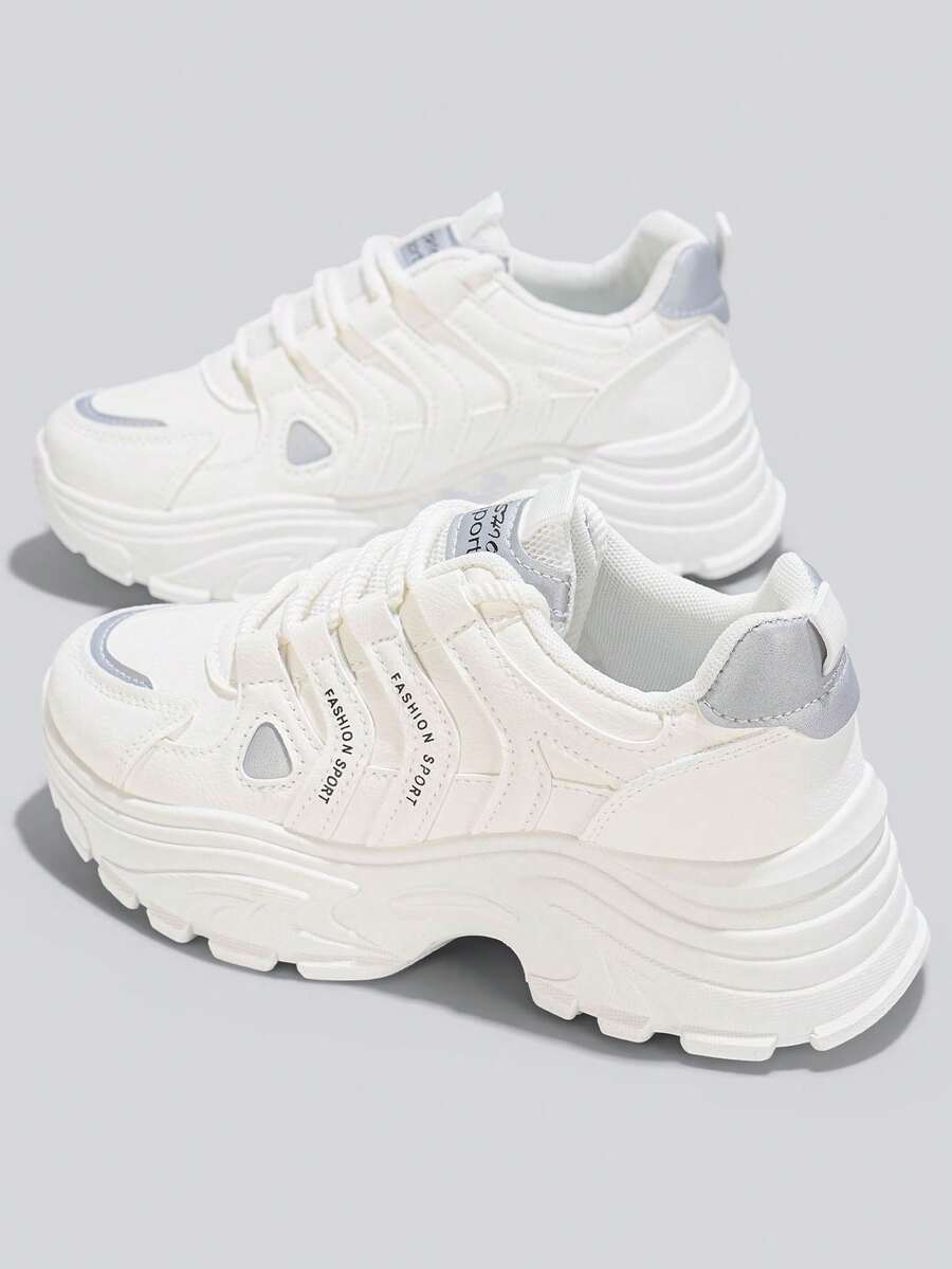 Flipark [Item popular e chamativo] Tênis chunky bege com sola grossa e contraste de cores! Aumenta a altura e afina a silhueta, calçado feminino versátil e indispensável para o estilo urbano. 1 par de tênis feminino casual, esportivo, leve e respirável. - Branco - Ver 1