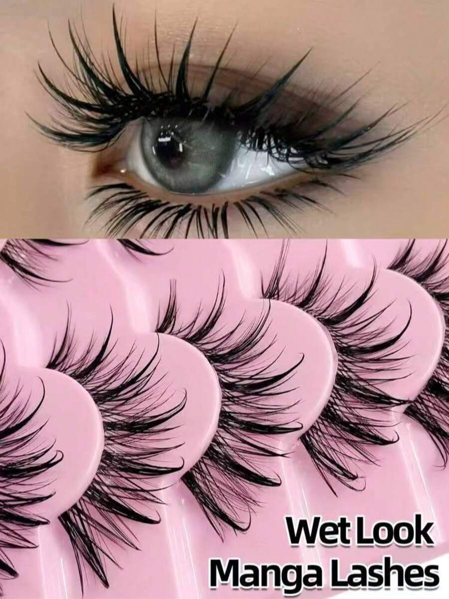 7 Pairs New Wet-Look False Eyelashes, Natural Mink-Like, Fashion Manga Style, Pointed & Voluminous, Suitable For Cosplay Makeup Parties - View 1