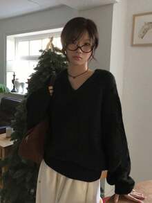 Korean Style Minimalist V-Neck Loose Fit Versatile Slouchy Solid Color Sweater - Black - View 2