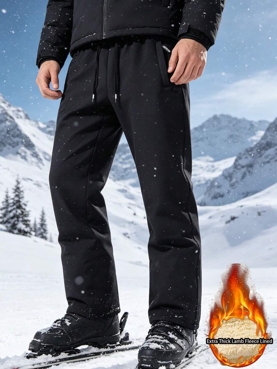 Men's Thick Fleece Ski Pants, Soft And Comfortable, With Zipper Pockets And Drawstring Waist, Suitable For Winter Outdoor Sports, Black - Black - View 1