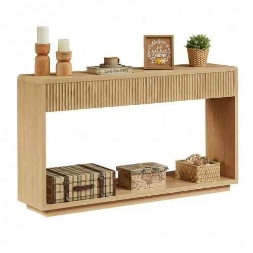Modern Entryway Console 150 Cm Wide, With Two Large Storage Drawers And An Open Shelf At The Bottom, Ideal For A Hallway Or Living Room (Light Oak). - 自然色 - 查看 1