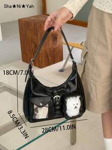 2026 New Japanese Y2K Fashion Shopping Casual Minimalist Street Commute Large Capacity Women's College Style Transparent Badge Bag Shoulder Bag Crossbody Bag (Does Not Include Pendant Doll Postcard) - Black - View 8