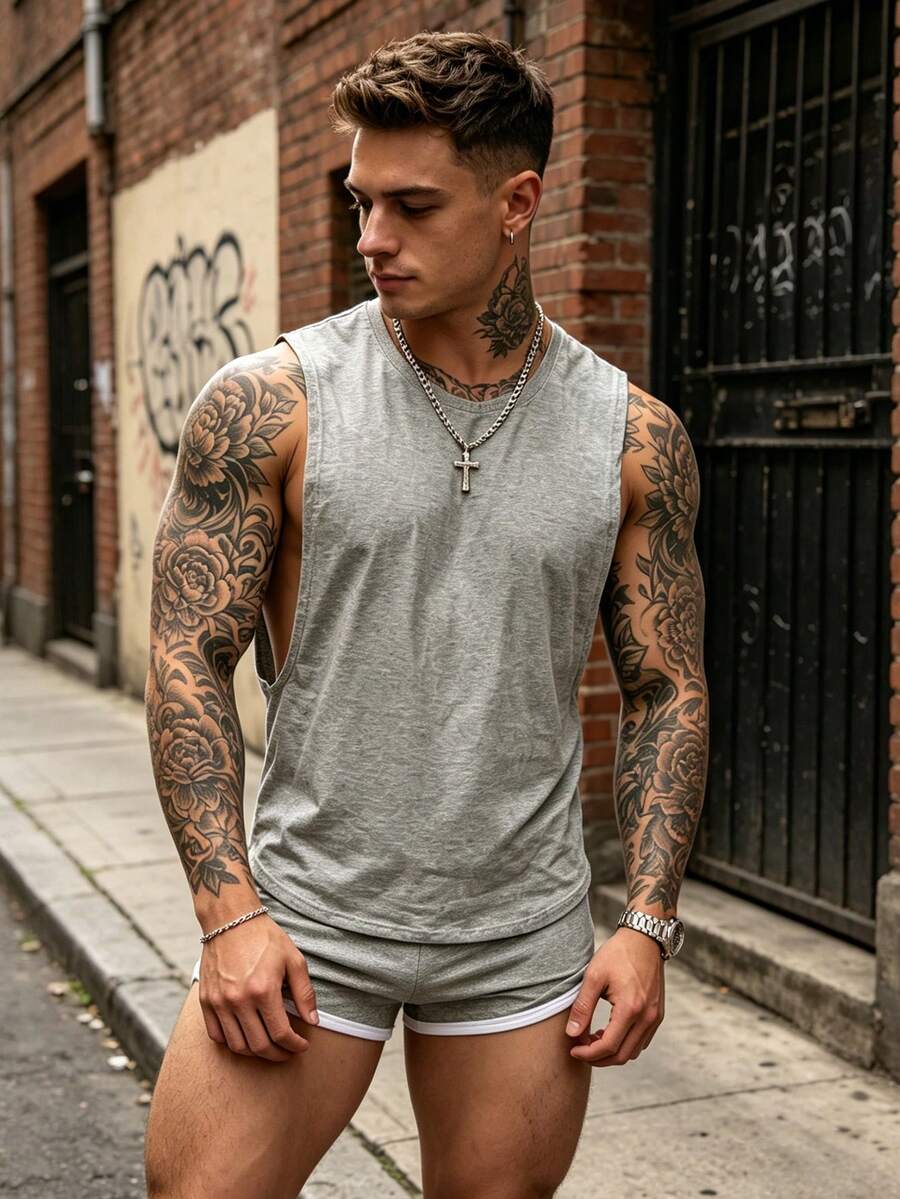 1 Set Men's Sports Casual Tank Top Outfit, Solid Color Summer Sleeveless Tank Top And Super Short Hot Pants, Suitable For Street Fashion - Grey - View 1