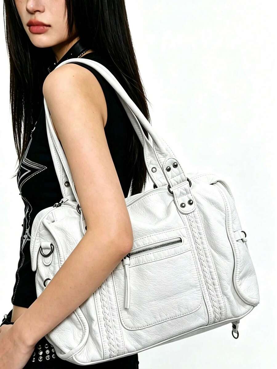 Vintage Faux Leather Shoulder Bag, Fashion Design Large Capacity Shoulder Bag, Niche Classic Multi-Functional Handbag, Suitable For Daily Commute - White - View 1