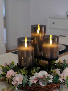 3 piezas de velas recargables sin llama con control remoto y temporizador, adecuadas para decoración del hogar, vacaciones, decoración de fiestas, bodas - gris - Ver 6
