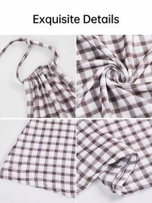 AIJ Tuta intera estiva da donna taglie forti Amarilo, senza maniche, con scollo all'americana, schiena scoperta, stampa astratta, in tessuto lavorato a maglia con elasticità media, stile fashion - Marrone - Visualizzare 7