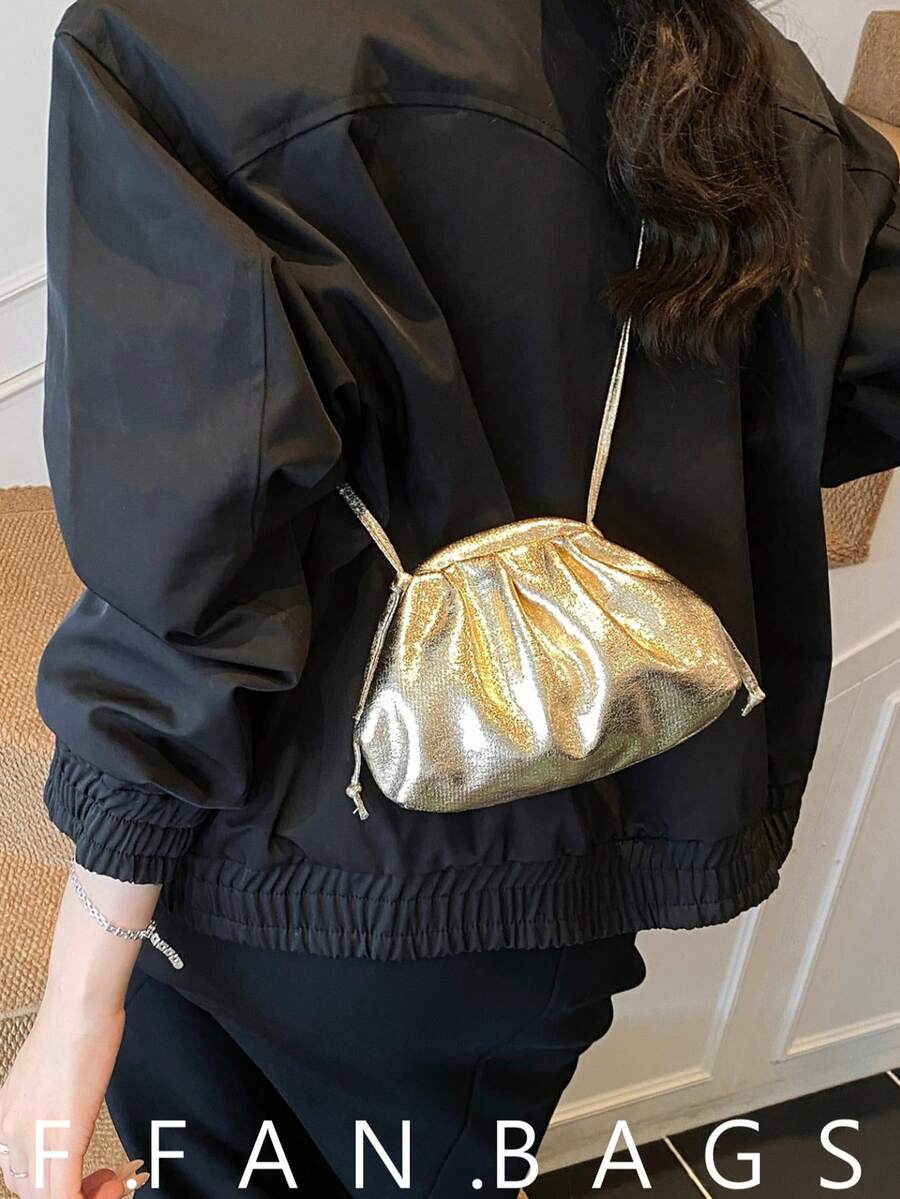 Women's Fashion Pleated Cloud Crossbody Bag, Casual Commute Minimalist Clasp Shoulder Phone Bag, PU Material - Gold - View 1