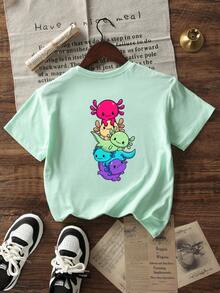 Kaos Anak Perempuan Remaja Motif Kartun Salamander Warna-warni Lucu, Cocok untuk Liburan Kasual Musim Panas - Mint Green - View 3