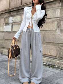 Lasy Women's Knitted Wide Leg Pants, Versatile Comfortable Sports Casual Pants, Perfect Choice For Daily Commute. - Grey - View 2