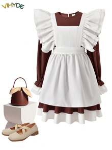 Vihyde Tween Girls Princess Style Long Sleeve Dress & Vintage Ruffle Apron 2 Pieces Set, Autumn/Winter - White - View 4