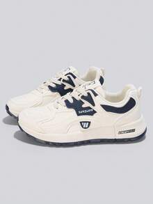 Flipark 1 Pair Women's Lightweight Cushioned Sports Shoes, Retro Line Beige & Blue Color Block PU Leather Durable Wear-Resistant Low-Top Outdoor Casual Sneakers - Blue - View 5