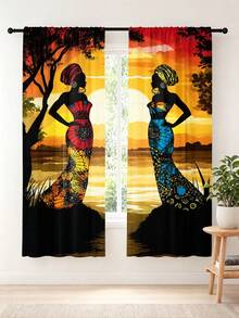 2pcs High-Definition Digital Bohemian African Exotic Print Decorative Curtains, Women Silhouette Totem Pattern Design, Polyester Material, Rod Pocket Design, Easy To Hang, Semi-Transparent Privacy Protection, Machine Washable And Hand Washable, Vintage Bohemian Living Room Bedroom Curtains, Suitable For Bedroom, Living Room, Kitchen, Closet, Study, Home Decor. - Multicolor - View 6