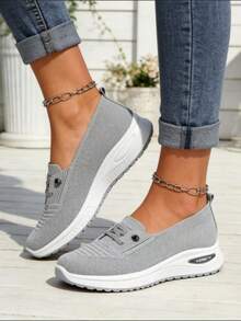 Breathable Slip On Knit Mesh Women Walking Shoes, Lightweight EVA Sole Casual No Lace Sneakers For Daily Walking - Grey - View 4